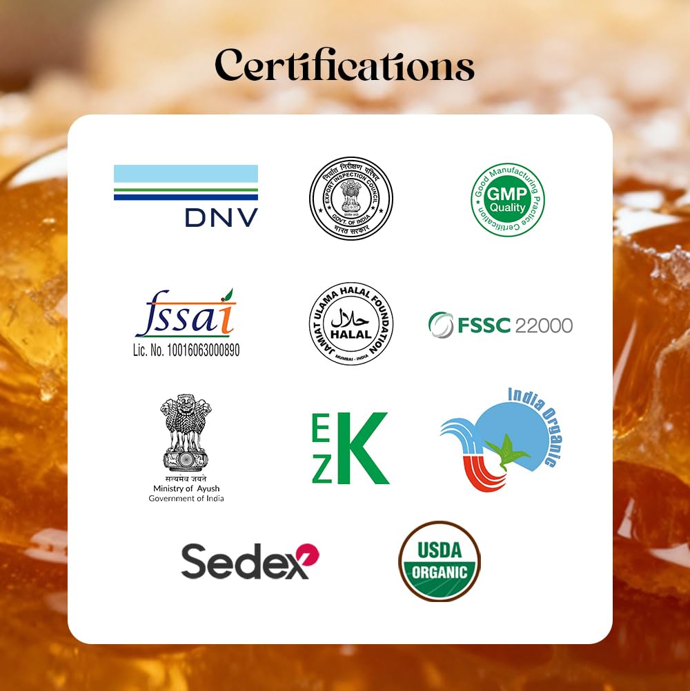 Certification logos on a card with a blurred honeycomb background