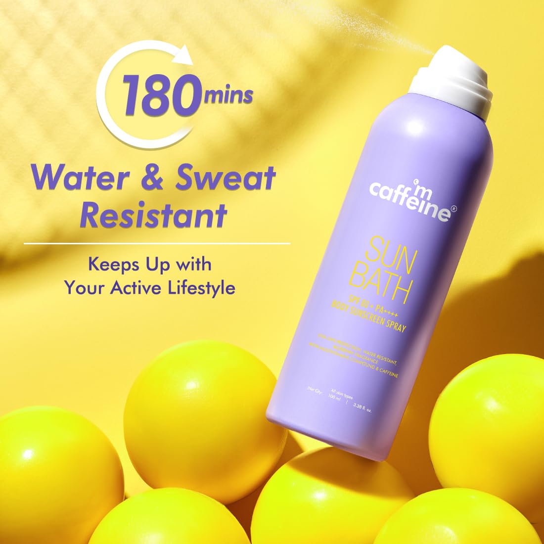 Purple sun spray bottle with yellow balls and text on a yellow background