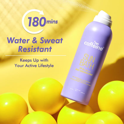 Purple sun spray bottle with yellow balls and text on a yellow background