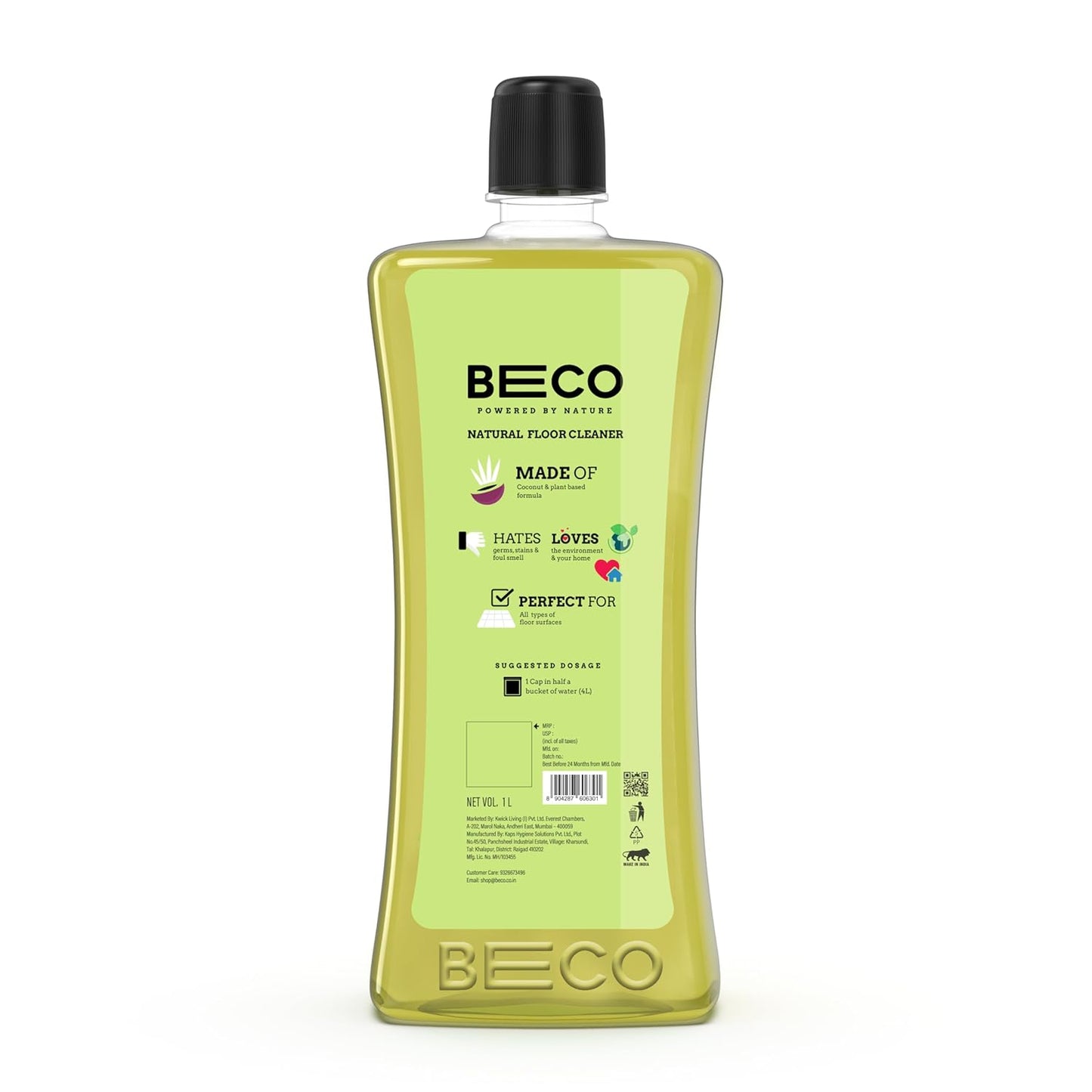 Beco Natural Disinfectant Surface & Floor Cleaning Liquid | 1L Bottle | Non Toxic Germ Kill Formula | Lemongrass & Basil Freshness | Safer Than Phenyl | Kids Safe & Pet Friendly Floor Cleaner Liquid