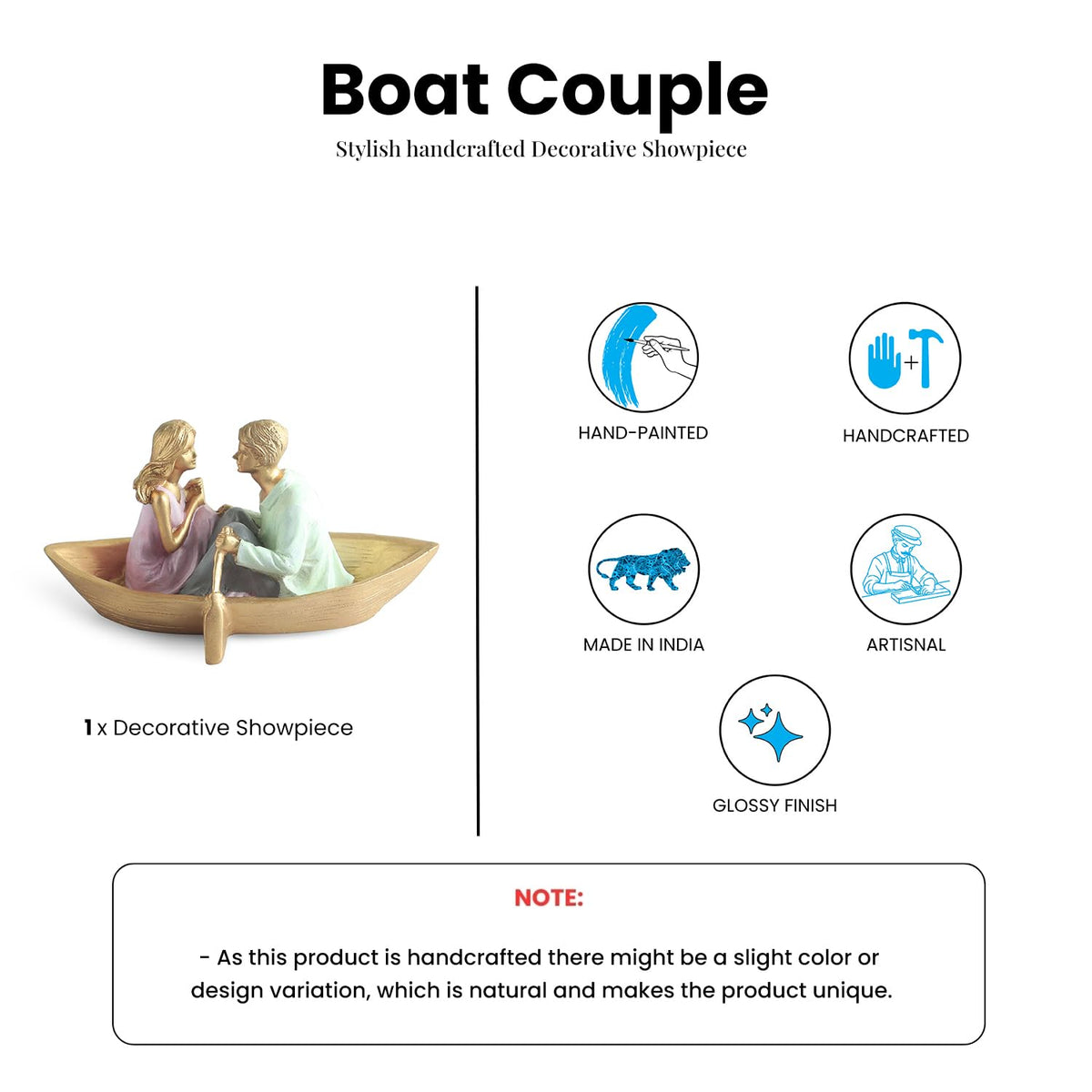'Boat Couple' Resin Decorative Items for Living Room (Hand-Painted, 11.8 Cm)|Couple Show Pieces for Home Décor |Multicoloured