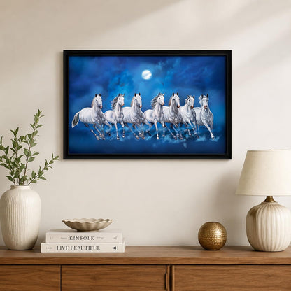 Seven Lucky Running Vastu Horses Art Framed Painting (Ocean Blue, 12 Inch x 18 Inch)