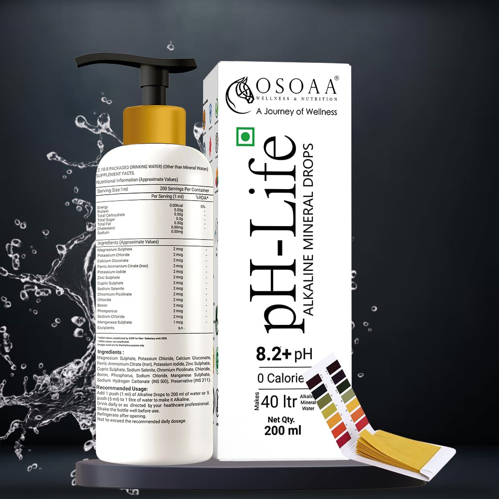 OSOAA pH-Life Alkaline Mineral Drops packaging with bottle and color chart on a dark background