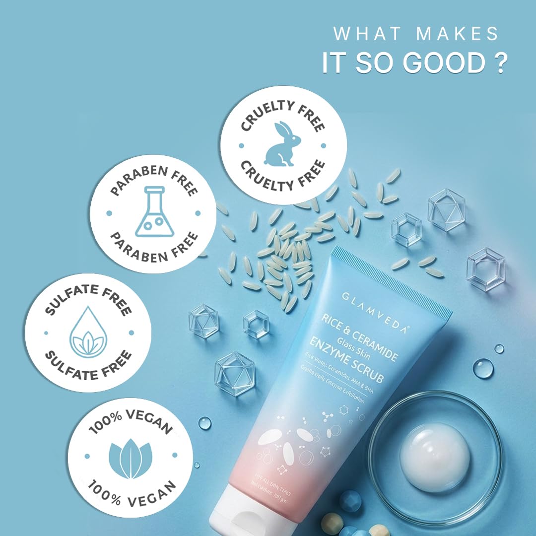 Glamveda Korean Rice & Ceramide Enzyme Scrub for Face | Gentle Daily Exfoliator with Rice Water, Lactic & Glycolic Acid, Niacinamide | Removes Dead Skin, Smoothens Texture & Boosts Glow | Face Scrub For Glowing Skin |100 gm