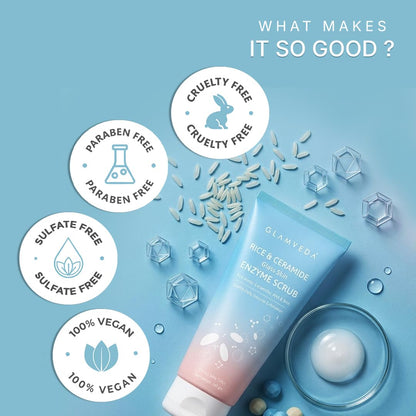 Glamveda Korean Rice & Ceramide Enzyme Scrub for Face | Gentle Daily Exfoliator with Rice Water, Lactic & Glycolic Acid, Niacinamide | Removes Dead Skin, Smoothens Texture & Boosts Glow | Face Scrub For Glowing Skin |100 gm