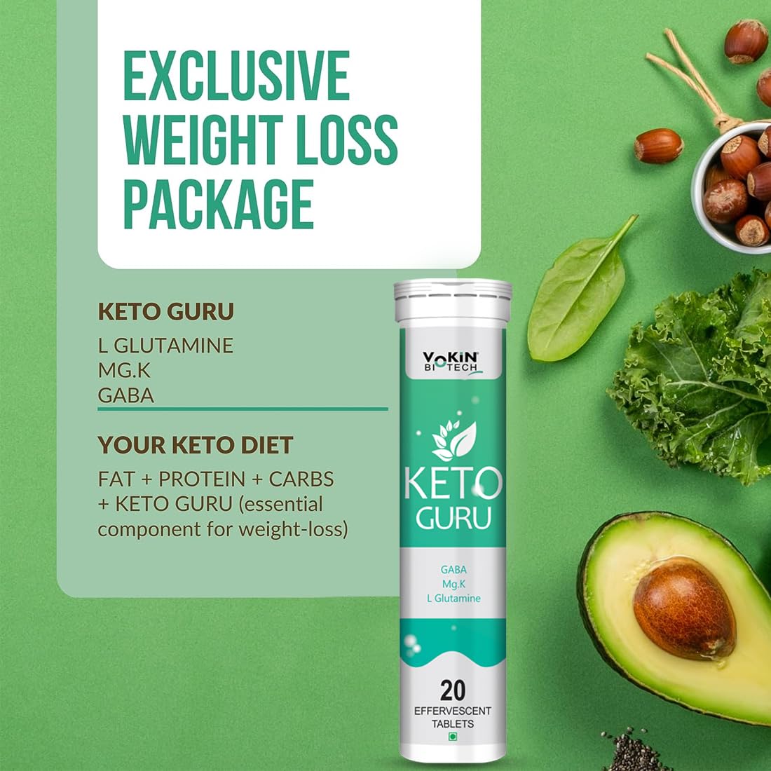 Keto Guru supplement tube with avocado, greens, and nuts on a green background
