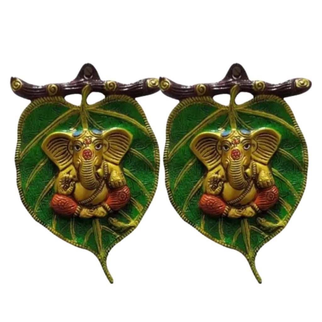 Kalakriti Metal Paan Leaf Ganesh Hanging God Idols for Pooja | Home Decor | Diwali | Festival | Decorative Platter | Showpiece | Wedding | Pack of 2 Green