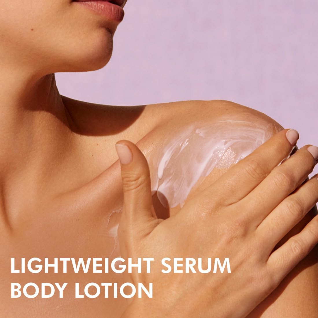 Person applying body lotion to shoulder with text 'Lightweight Serum Body Lotion' on a pink background