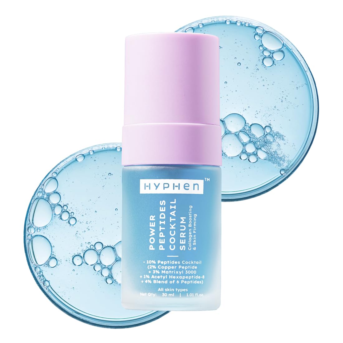 Hyphen power peptides cocktail serum bottle with blue bubbles on a white background