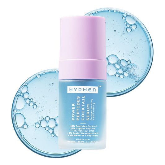 Hyphen power peptides cocktail serum bottle with blue bubbles on a white background