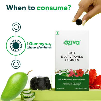 OZiva Biotin Hair Multivitamins Gummies For Stronger,Fuller,Shinier Hair|Hair Gummies With Keratin Builder,Iron&Vitamins B9,B6&D|Raw Mango Flavour|No Added Sugar (Pack Of 1,30 Gummies)