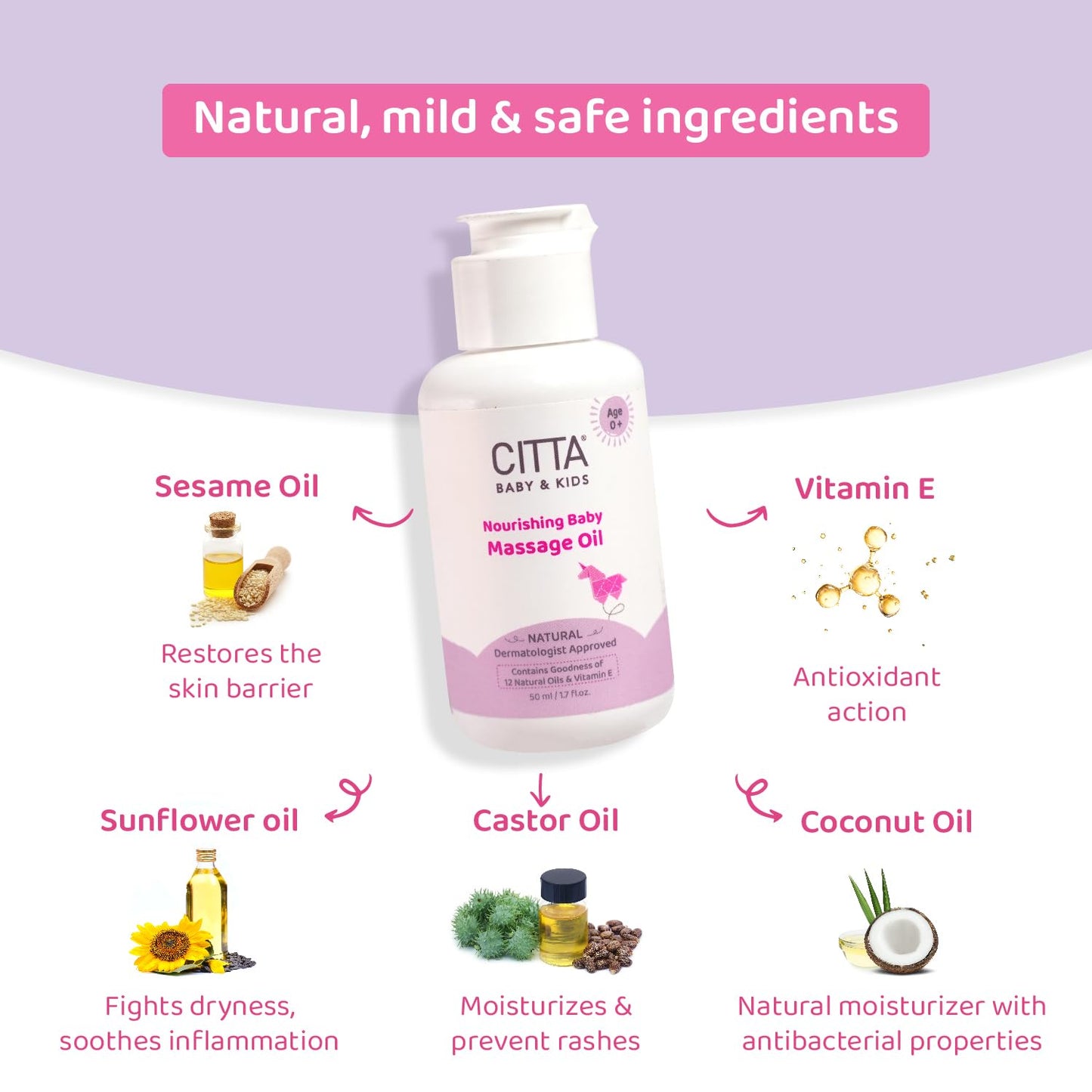 CITTA Natural Baby Massage Oil for New born & Kids | Enriched With Coconut, Olive & Almond oil for baby massage | Promote sleep and growth | Non-Sticky Baby Oil | 50 ml