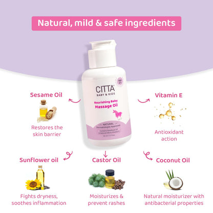 CITTA Natural Baby Massage Oil for New born & Kids | Enriched With Coconut, Olive & Almond oil for baby massage | Promote sleep and growth | Non-Sticky Baby Oil | 50 ml