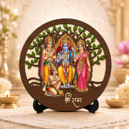Plan To Gift Ram Darbar Round Wooden Devotional Idol with Stand for Puja Room, Home Decor & Religious Gift - 5x5 Inch