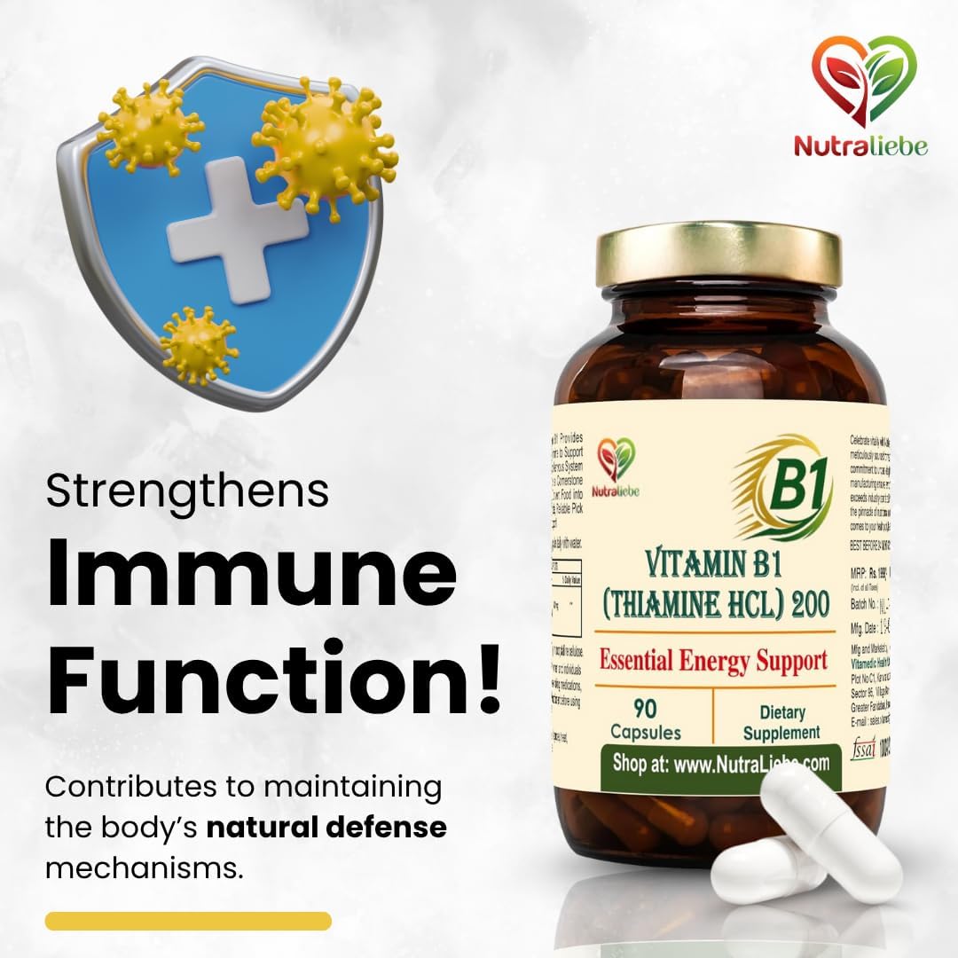 Nutraliebe Vitamin B1 (Thiamine HCl) – High-Potency Energy & Nervous System Support | Promotes Metabolism, Heart Health & Brain Function | 90 Vegetarian Capsules | Non-GMO & Gluten-Free
