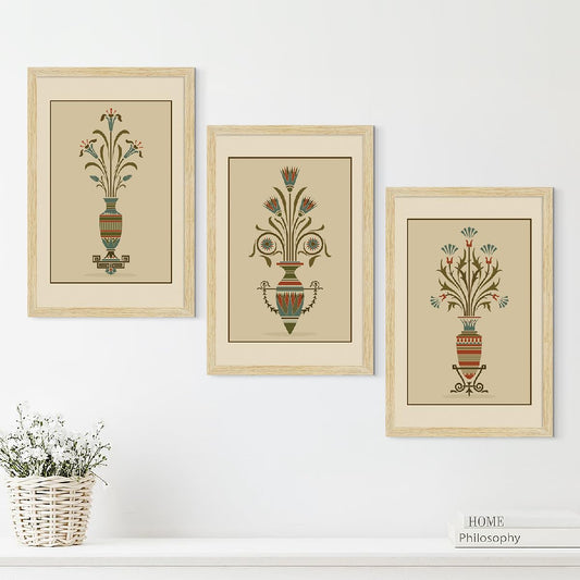 Vintage Paintings with Frame for Home Decor Wall Art, Wall Painting for Living Room, Multicolor, Natural Wood Color Frames, 12.0x18.0 inch, Set of 3
