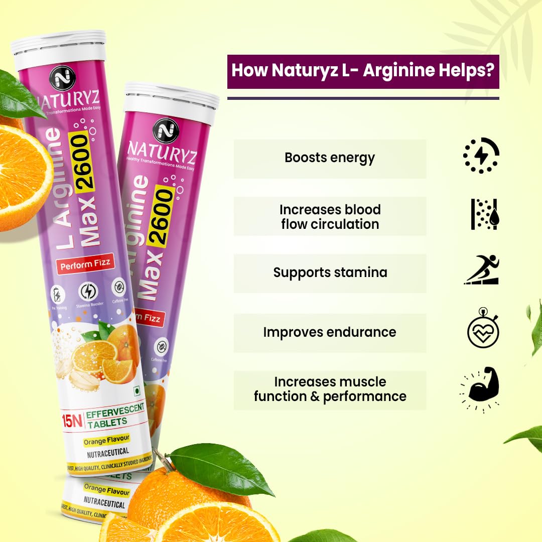 Naturyz L-Arginine Max 2600 supplement tubes with orange slices on a light green background