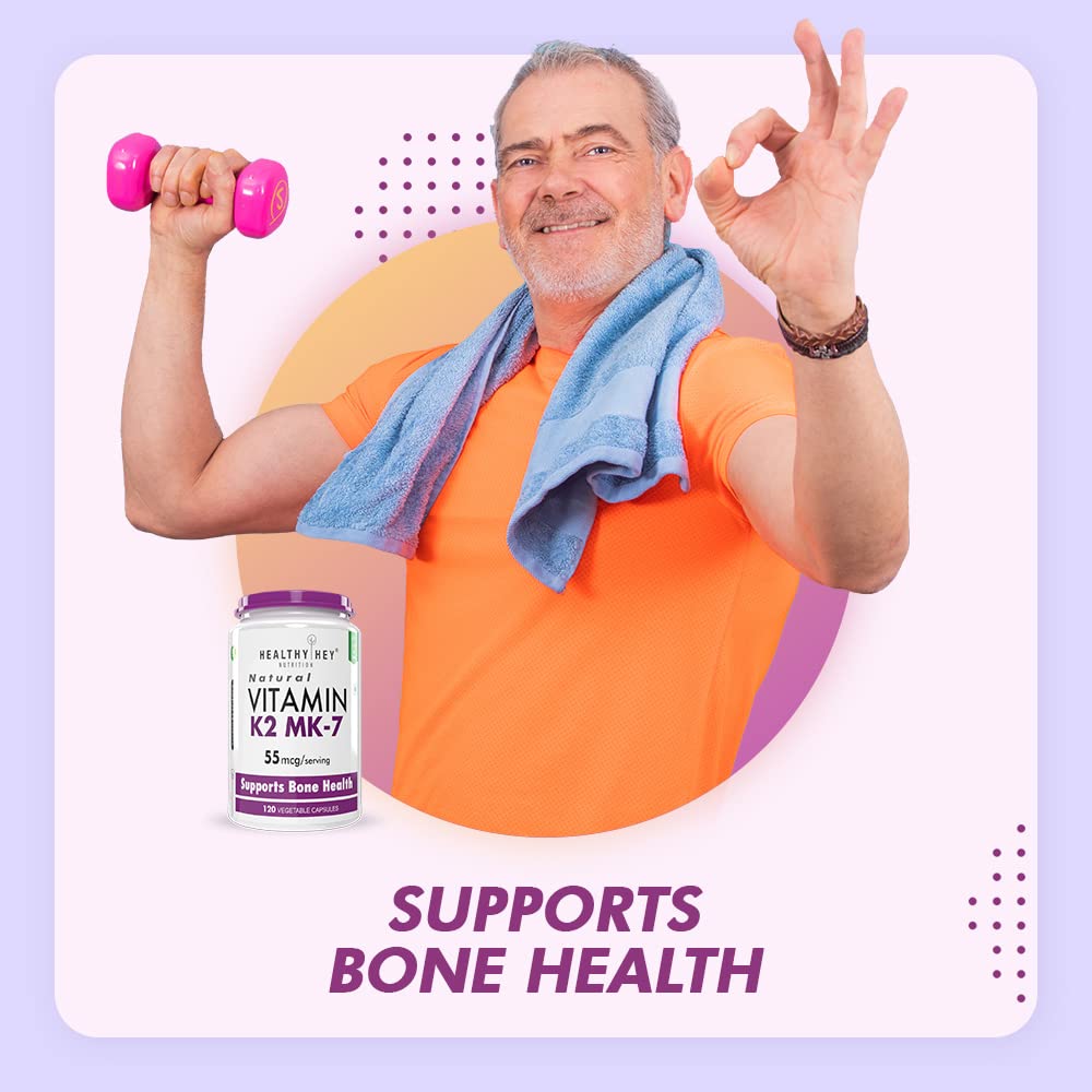 Man exercising with dumbbells, wearing an orange shirt and blue towel, with a supplement bottle labeled 'Vitamin K2 MK7' on a light purple background.