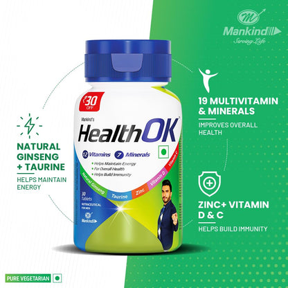 Mankind's Health OK Multivitamin With Natural Ginseng,Taurine Power,Daily Energy,Alertness,Vitamin D,C & Other 18 Multivitamins Minerals,For Overall Health,30 Tablets (Veg)