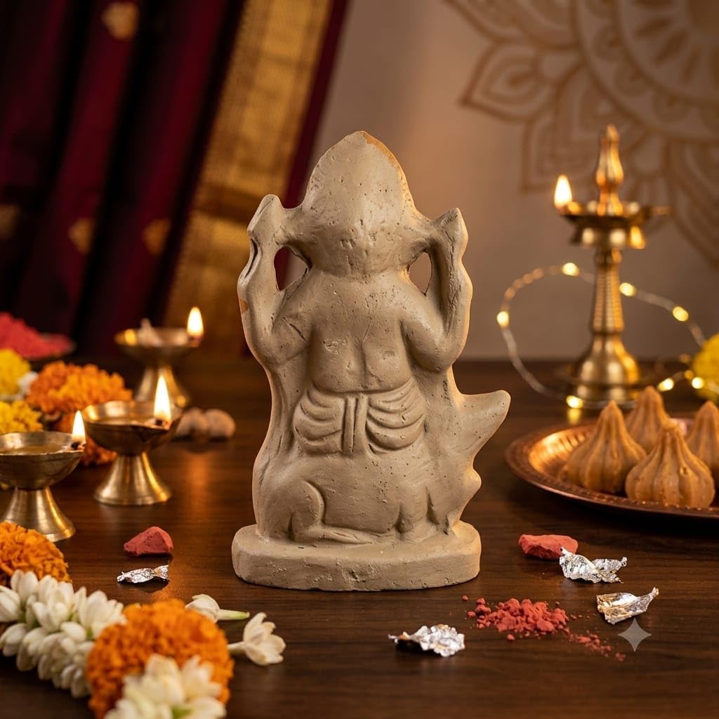 SAUDEEP INDIA Handmade Mitti Ganesh Idol with Real Gold Polish On Mukut | Eco-Friendly Handcrafted Mud/Clay Ganesh Murti | Ganpati Figurine for Visarjan | Biodegradable Mushak Ganesha Statue