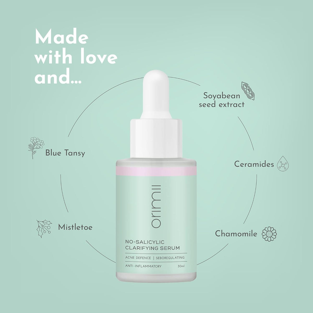 Orimii No Salicylic Face Serum For Acne Prone Skin | With Chamomile & Ceramides | Lightweight Anti Acne Clarifying Serum WITHOUT Salicylic Acid | Fragrance Free, Pregnancy Safe (30ml)