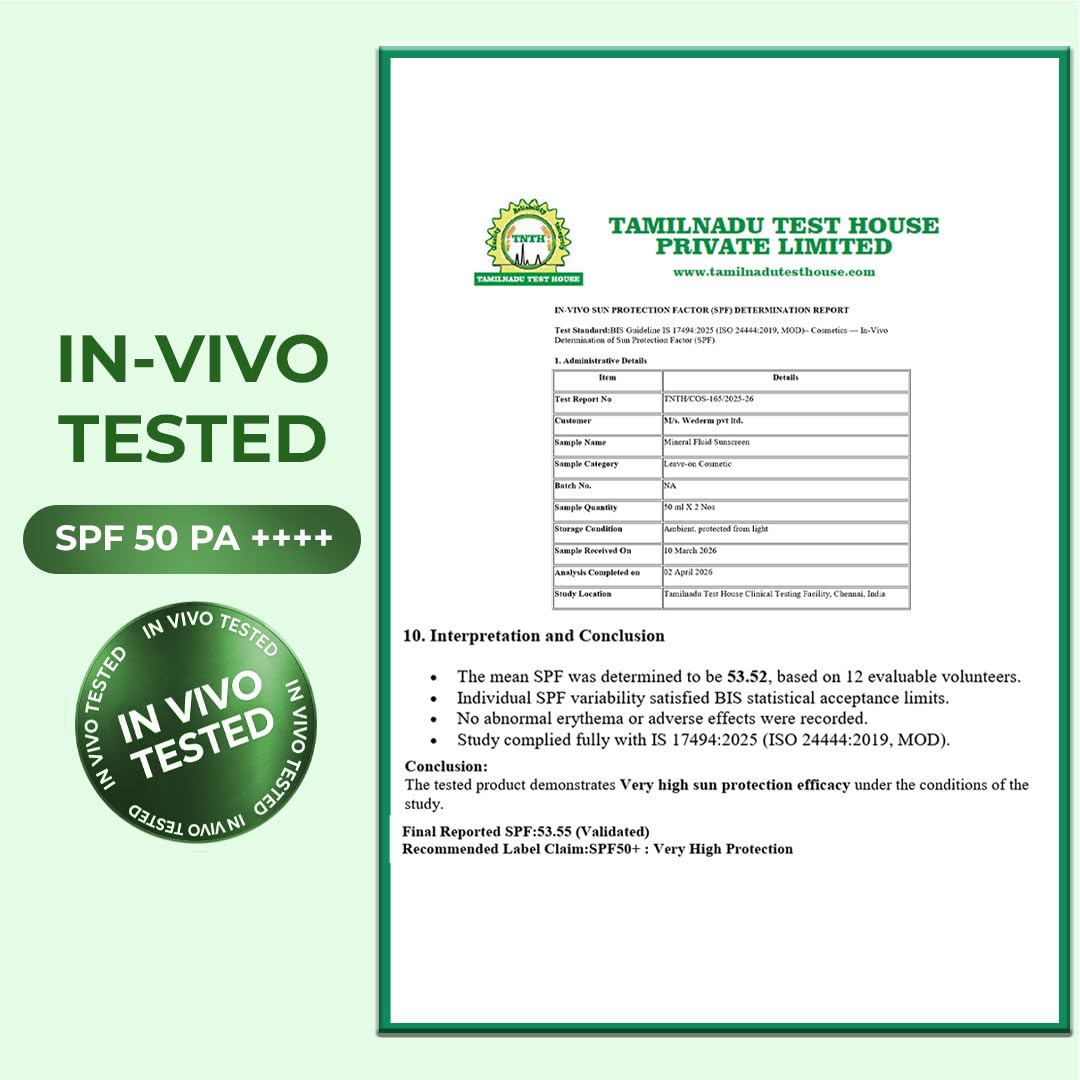 SPF 50 PA++++ certification document with Tamilnadu Test House logo on a green background