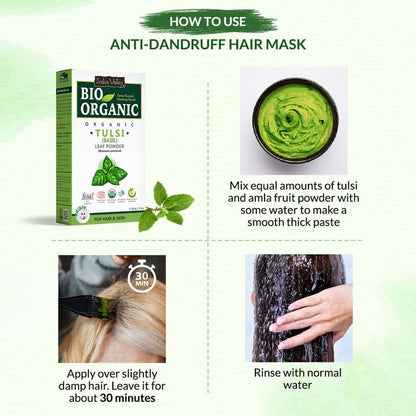 Instructions for using an anti-dandruff hair mask with Bio Organic Tulsi product packaging.