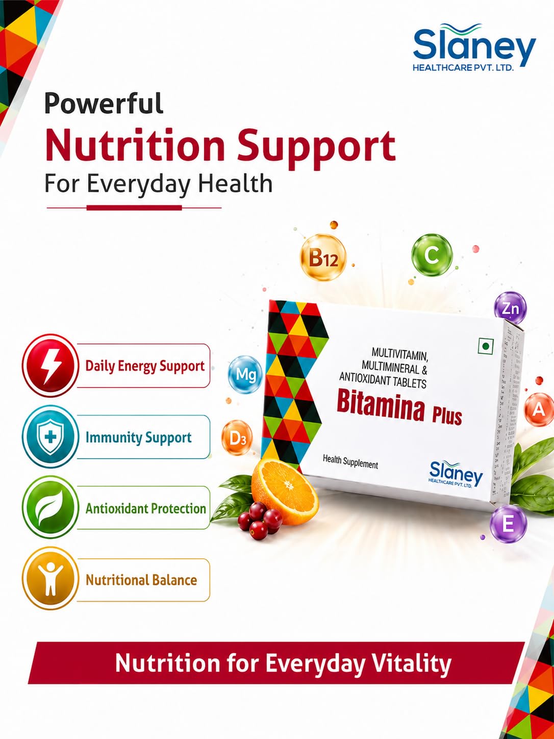 Slaney Bitamina Plus | Multivitamin Multimineral & Antioxidant Tablets | Daily Health Supplement for Immunity, Energy & Overall Wellness | 10 Tablets | Slaney