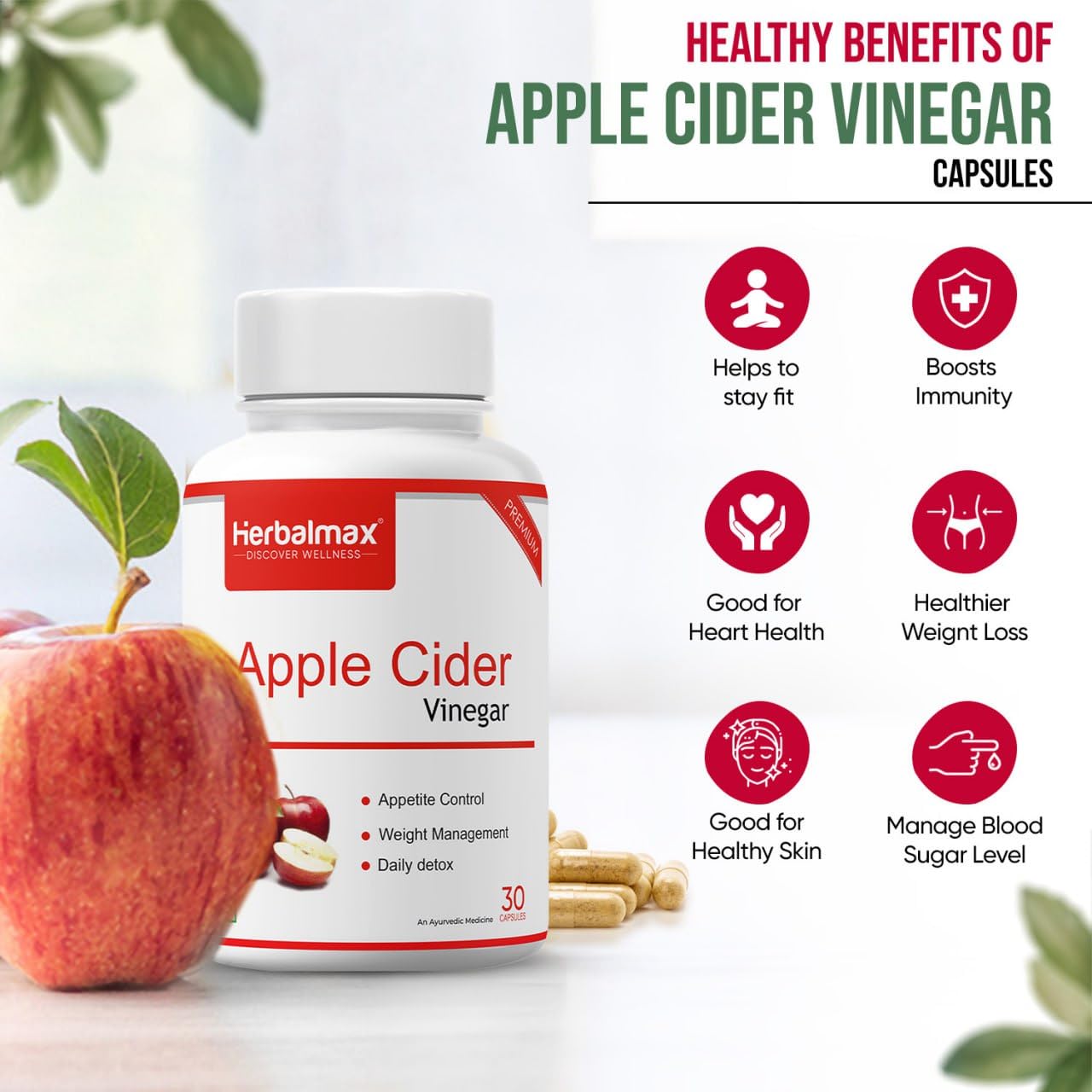 Herbal Max Organics Apple Cider Vinegar – 30 Veg Capsules (800mg) | With The Mother | Natural Detox, Digestion, Weight Management & Gut Health Support