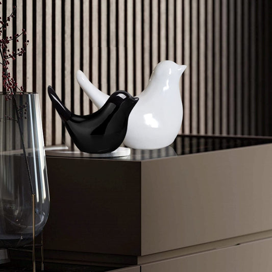 THE SACRED GIFTS Creative White and Black Glossy Ceramic Birds Figurines for Home Decoration | Figurine Accessories Party | Art Gifts | Gifting Items | Homewarming Tabletop Centerpiece (Set of 2)