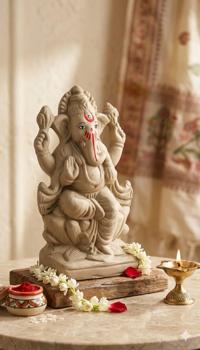 SAUDEEP INDIA 6 Inch Mitti Ganesh Idol | Eco-Friendly Handcrafted Mud/Clay Ganesh Murti | Ganpati Figurine for Visarjan | Biodegradable Lotus Ganesha Statue | Ganesh Chaturthi (Lotus Design)