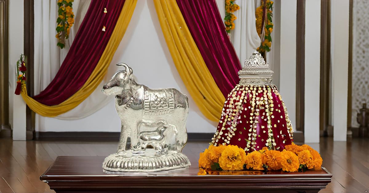 Vail Creation German Silver Kamdhenu Cow and Calf Idol Decoration for Pooja Room Gift Worship Office Home Decor Items | Silver Cow and Calf Statue
