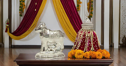 Vail Creation German Silver Kamdhenu Cow and Calf Idol Decoration for Pooja Room Gift Worship Office Home Decor Items | Silver Cow and Calf Statue