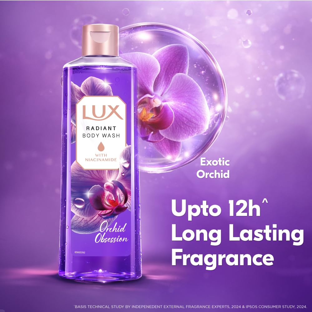 LUX Orchid Obsession Bodywash, 245ml, for Radiant & Bouncy Skin feel, with Niacinamide & Exotic Orchid fragrance, Upto 12Hr Long-Lasting Fragrance