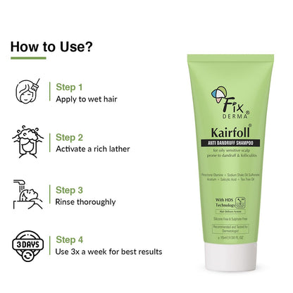 Fixderma Kairfoll Anti Dandruff Shampoo for Oily Sensitive Scalp Prone to Dandruff & Folliculitis | Anti Dandruff Shampoo for Women & Men | 2% w/w Salicylic Acid for Hair Fall Shampoo - 15 ml