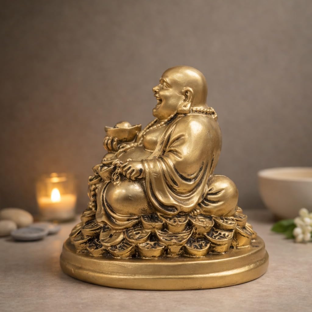 Laughing Buddha Statue for Gift, Home Decor & Good Luck |Feng Shui Buddha Idol for Wealth, Prosperity & Positivity|Vastu Showpiece Item for Office & Living Room (5 Inches | Resin | Golden)