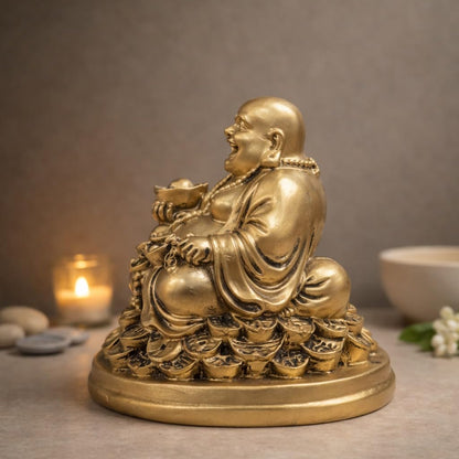 Laughing Buddha Statue for Gift, Home Decor & Good Luck |Feng Shui Buddha Idol for Wealth, Prosperity & Positivity|Vastu Showpiece Item for Office & Living Room (5 Inches | Resin | Golden)