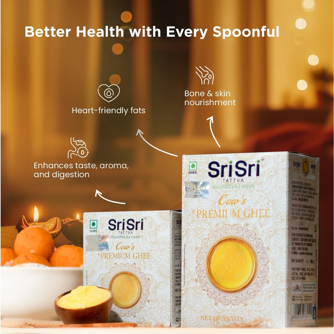 Sri Sri Tattva Premium Cow Ghee 1 Litre | Pure Cow Ghee | Vedic Bilona Method | Natural, Lactose, & Gluten-Free | Excellent for Digestion