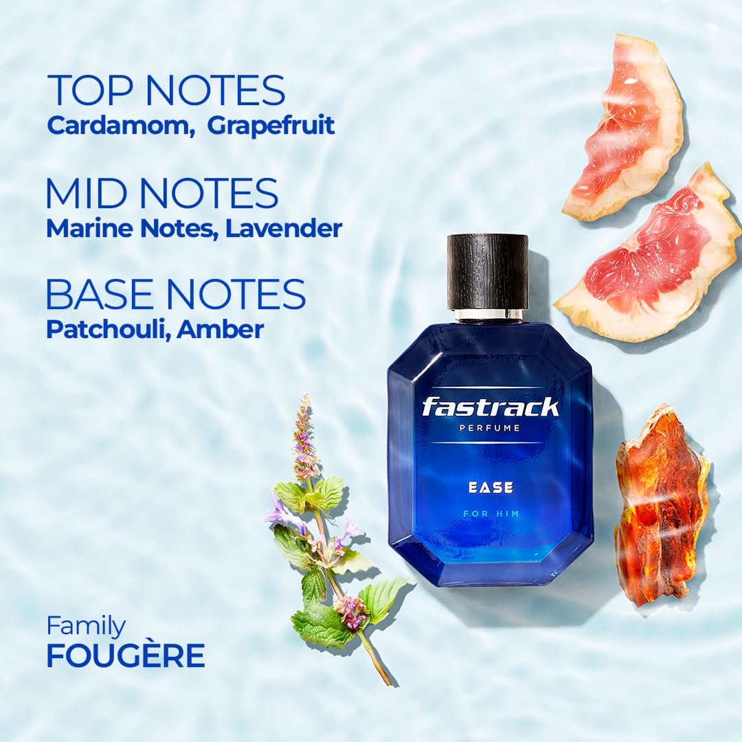 Fastrack perfume bottle with ingredients on a light blue background