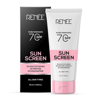 Two bottles of Renee Sunscreen with black and white packaging on a light gray background