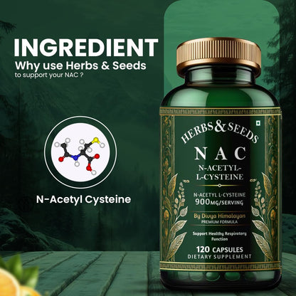 Herbs & Seeds NAC supplement bottle with a green background and text about using herbs and seeds.