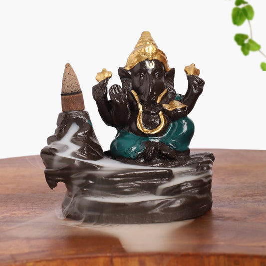 Multicolor Ganesha Idol Statue with 8 Incense Smoke Backflow Fountain Cone Incense Holder | for Return Gift, Table, Home Decorative Showpiece Item