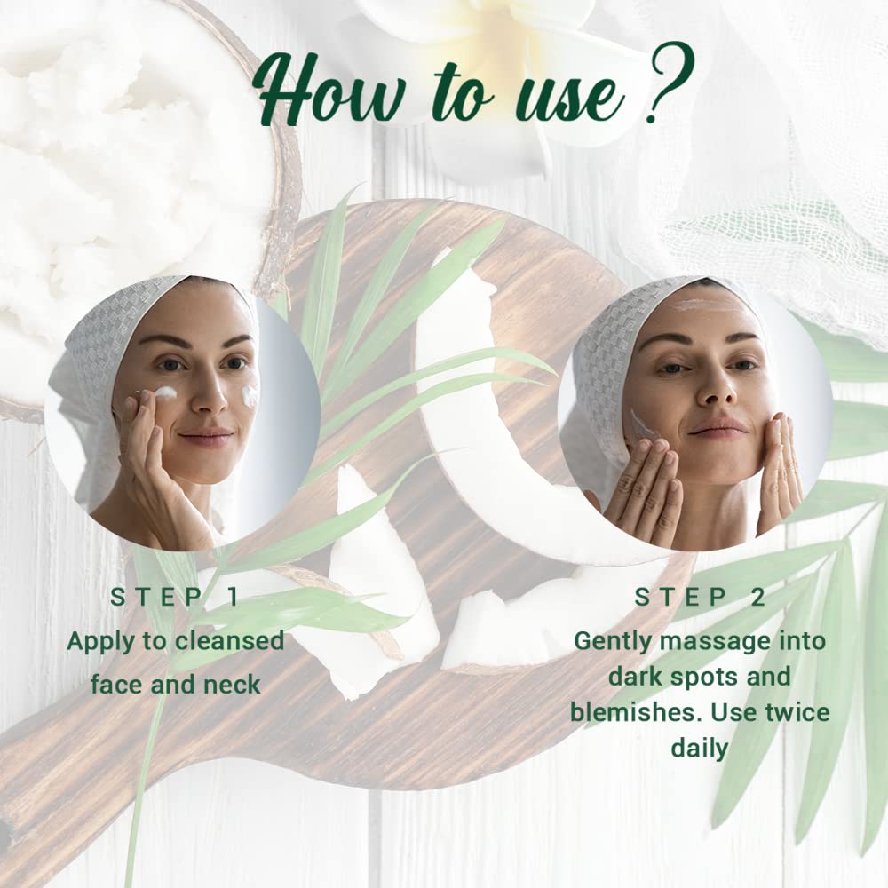 Instructions on how to use a skincare product with two images of a woman applying it.