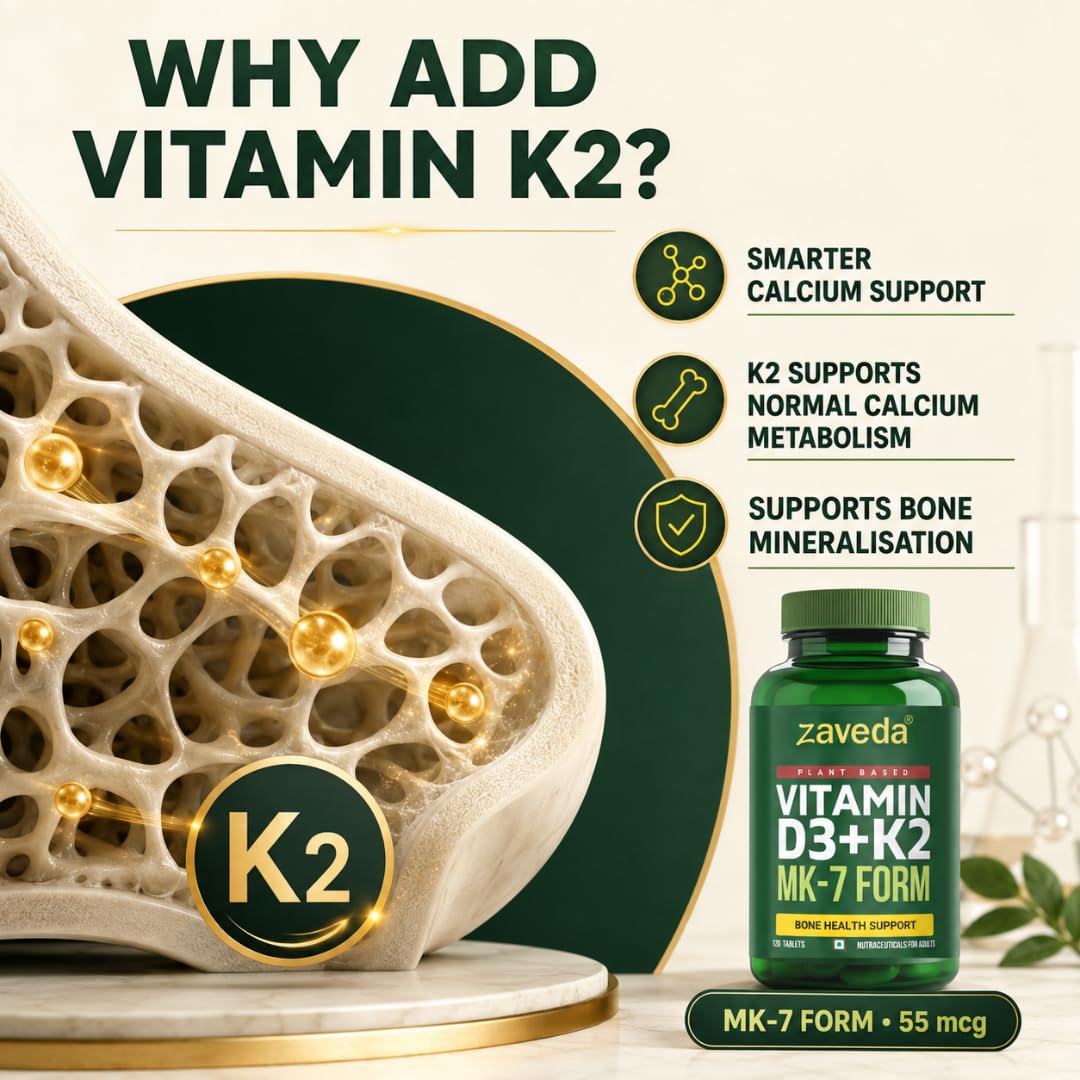 Zaveda Vitamin D3 K2 Supplement, 120 Veg Tablets Plant-Based D3 600 IU + K2 MK7, Supports Bone Strength, Calcium Absorption & Heart Health, Premium Daily Wellness