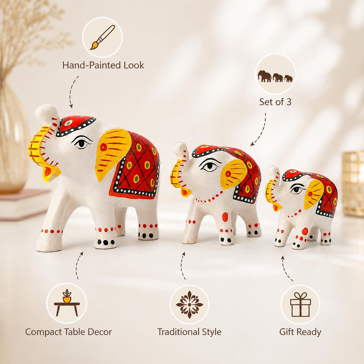 DreamKraft Paper Mache Elephant Showpiece Idols, White, Set of 3