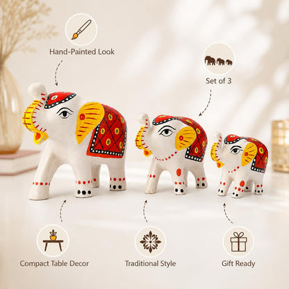 DreamKraft Paper Mache Elephant Showpiece Idols, White, Set of 3
