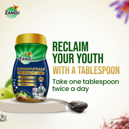 Zandu Dirghayuprash(900g) Anti AGEs Action*| Boosts Energy, Strength, Stamina | Helps Strengthens Bones & Joints | Goodness of Chyawanprash for 3X Immunity# | Helps Delay Skin Ageing | Scientifically Proven