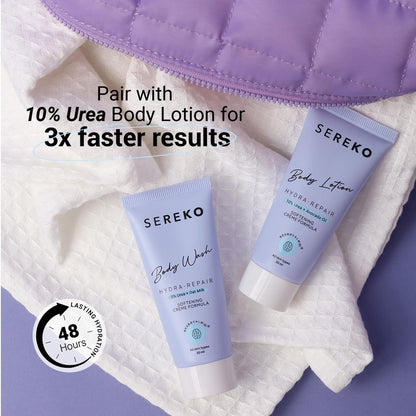 Serekø body wash and lotion with promotional text on a white towel background