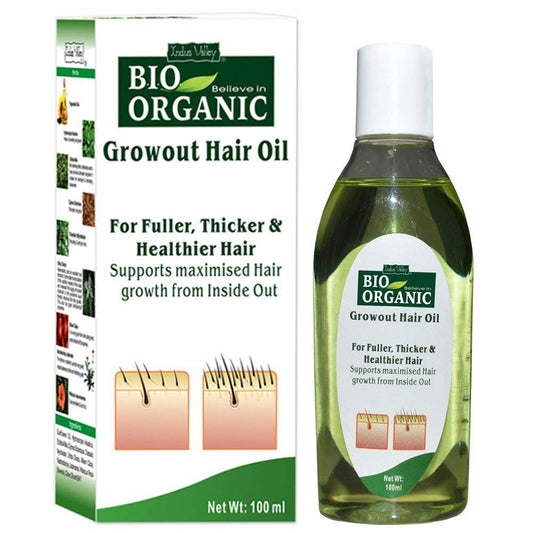 Bio Organic Growout Hair Oil packaging and bottle on a white background