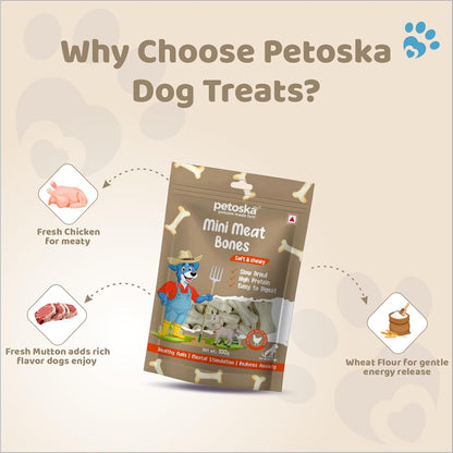 Petoska Mini Meat Bones - 100gms | High-Protein | Real Chicken Meat | Soft Chew Treats for Dogs & Puppies | Supports Dental Health | Dogs of All Breeds